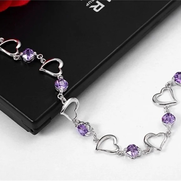 925 Sterling Silver Bracelet Heart Purple Crystal Zircon Bracelet For Woman - Picture 4 of 4